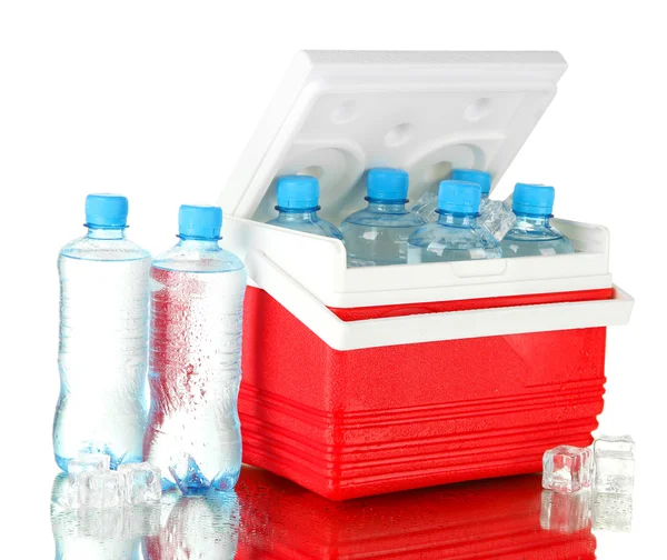 Traveling refrigerator with bottles of water and ice cubes, isolated on white — Stock Photo, Image