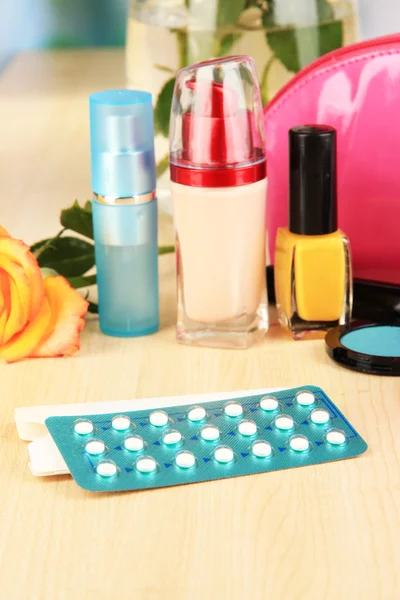 Hormonal pills in women's bedside table on room background — Stock Photo, Image