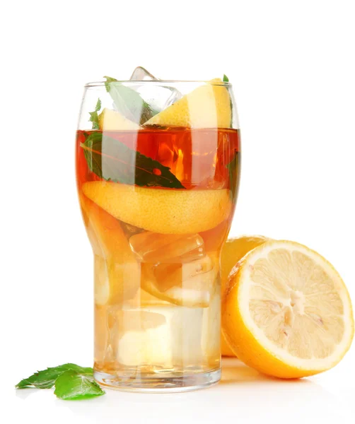 Iced tea with lemon and mint isolated on white — Stock Photo, Image