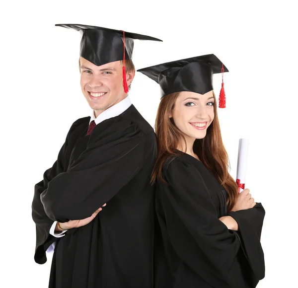Two happy graduating students isolated on white — Stock Photo, Image