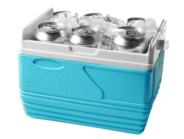 Latas de metal de cerveza con cubitos de hielo en mini refrigerador, aisladas en blanco — Foto de Stock