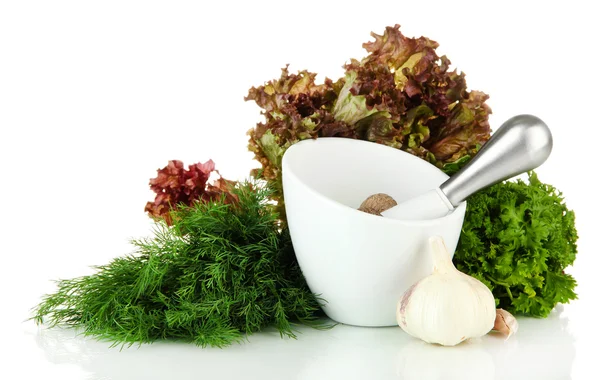 Ceramic mortar, herbs and spices, isolated on white — Stock Photo, Image