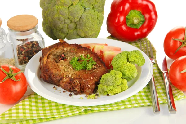 Piece of fried meat on plate isolated on white — Stock Photo, Image