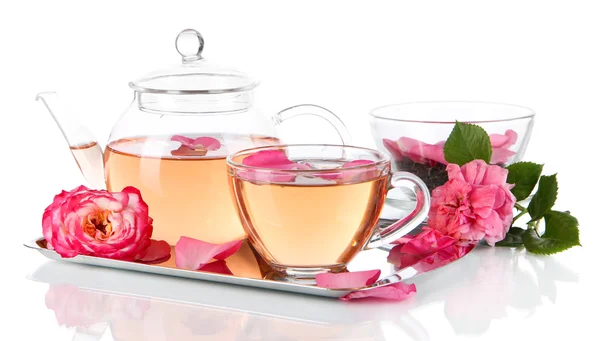 Kettle and cup of tea from tea rose on metallic tray isolated on white — Stock Photo, Image