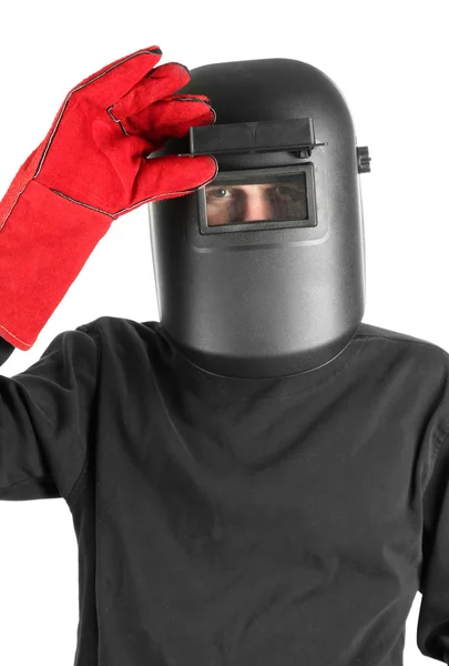 Portrait of welder in mask, isolated on white — Stock Photo, Image