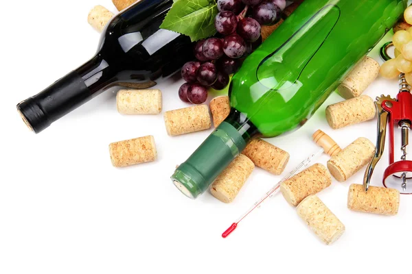 Flaschen Wein, Trauben und Korken, isoliert auf weiß — Stockfoto