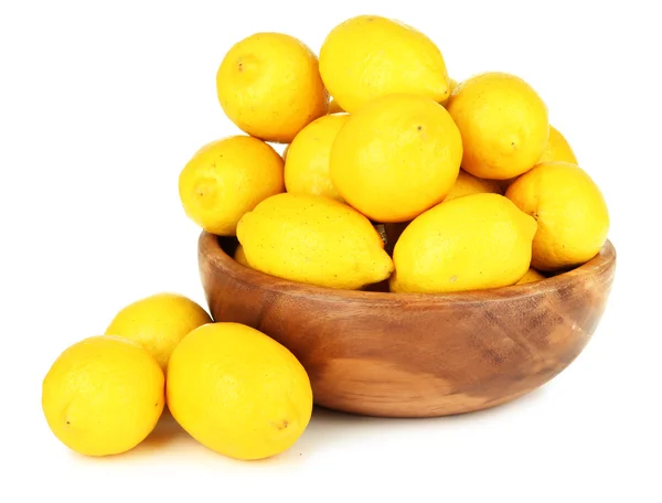 Ripe lemons in bowl isolated on white — Stock Photo, Image