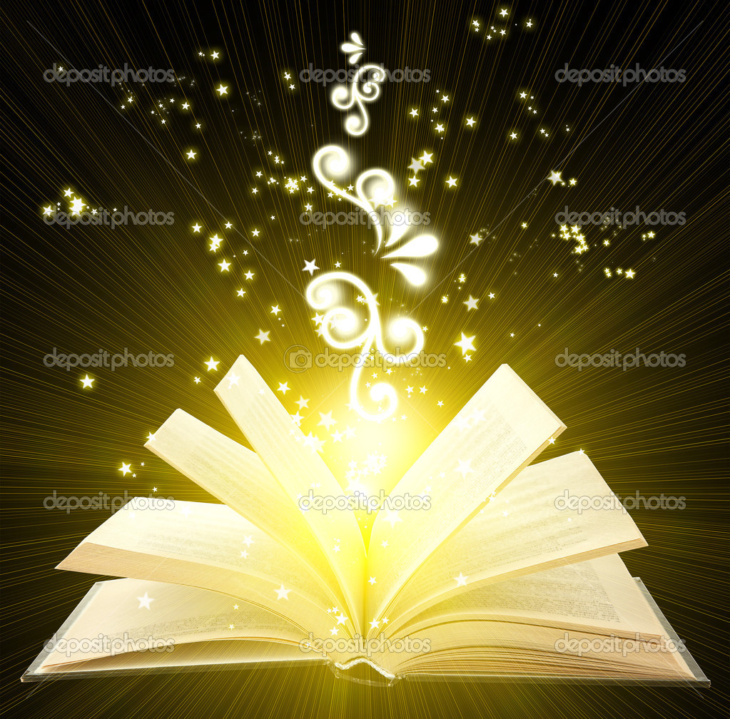 Libro abierto con luz mágica dorada y estrellas que caen sobre fondo oscuro fotografía de stock