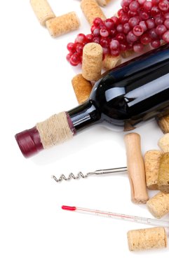 şişe şarap, üzüm ve mantarlar, üzerinde beyaz izole