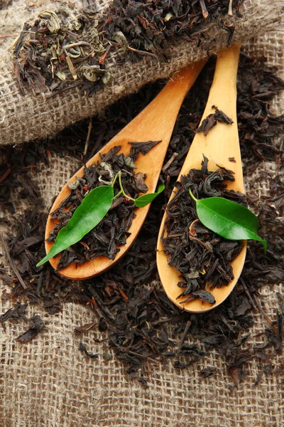 Suchý čaj s zelenými listy v dřevěné lžíce, na pozadí pytlovina — Stock fotografie
