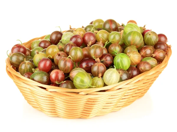 Fresh gooseberries in wicker basket isolated on white — Stock Photo, Image