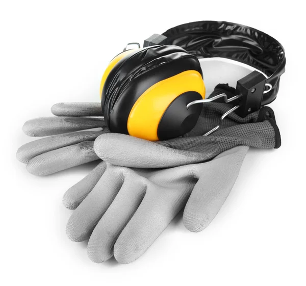 Rękawice ochronne i słuchawki na białym tle — Zdjęcie stockowe