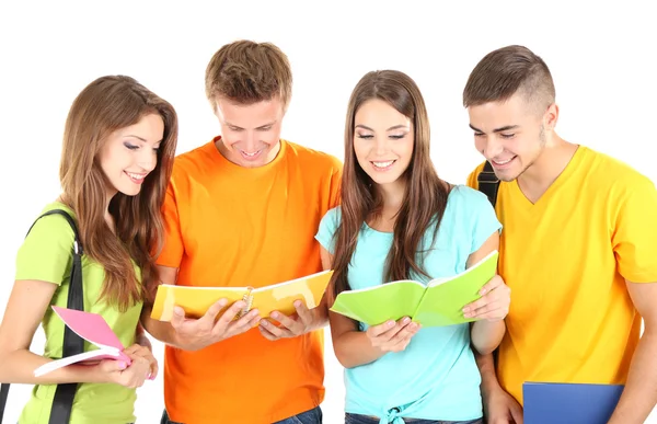 Feliz grupo de hermosos jóvenes estudiantes, aislados en blanco — Foto de Stock