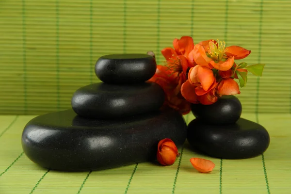 Piedras de spa y flores sobre fondo de bambú —  Fotos de Stock