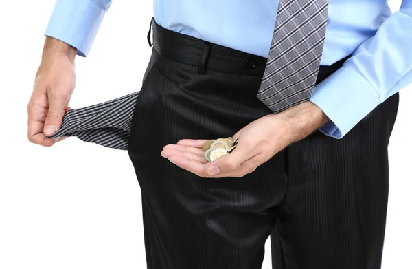 Business man showing his empty pocket, isolated on white — Stock Photo, Image