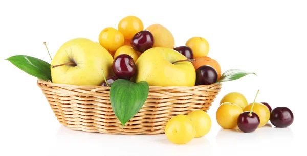 Bright summer fruits in basket isolated on white — Stock Photo, Image