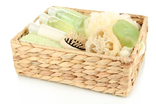 Set for spa in wicker basket, isolated on white — Stock Photo, Image