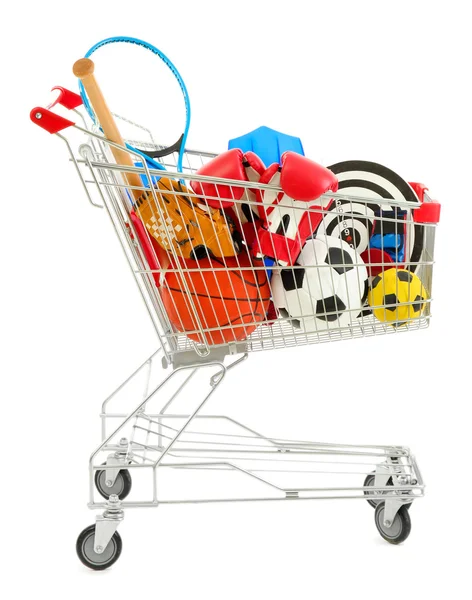 Carro de compras con equipo deportivo, aislado en blanco — Foto de Stock