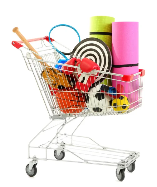 Shopping cart with sport equipment, isolated on white — Stock Photo, Image