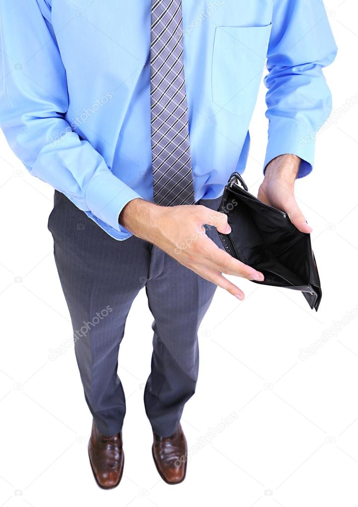 Business man showing his empty purse, isolated on white