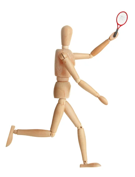 Деревянный манекен с теннисной ракеткой на сером фоне — стоковое фото
