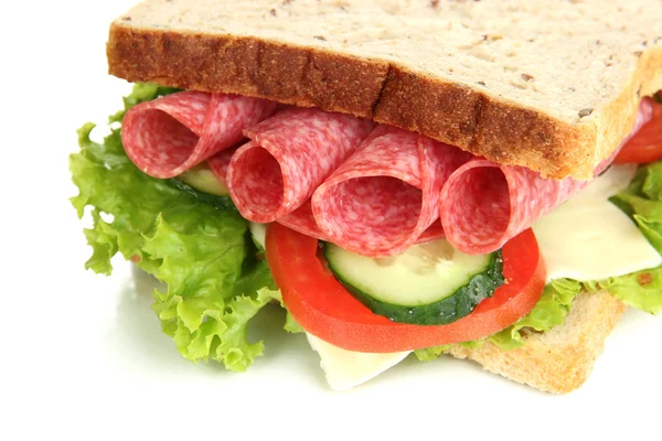 Tasty sandwich with salami sausage and vegetables, isolated on white — Stock Photo, Image