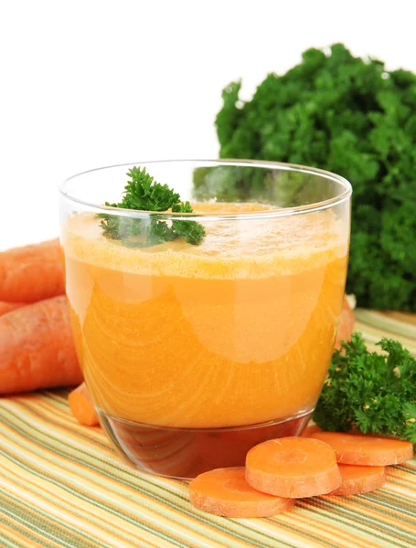 Fresh carrot juice on table on white background — Stock Photo, Image