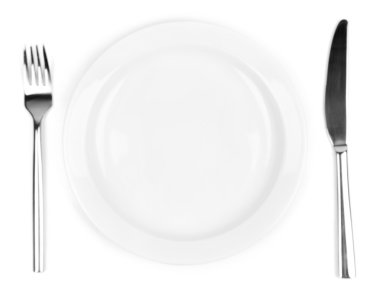 bıçak, renkli plaka ve üzerinde beyaz izole çatal