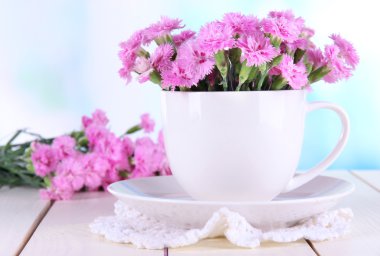 birçok küçük pembe karanfil Kupası penceresi arka plan üzerinde ahşap tablo