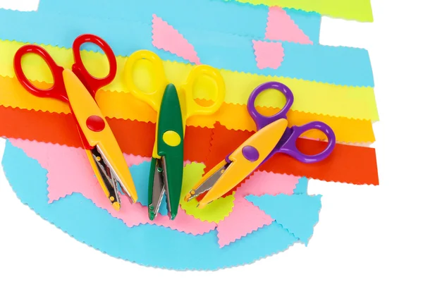 Colorful zigzag scissors with color paper isolated on white — Stock Photo, Image