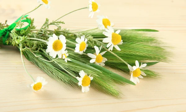 Green spikelets and wild camomiles, on wooden background — Stock Photo, Image