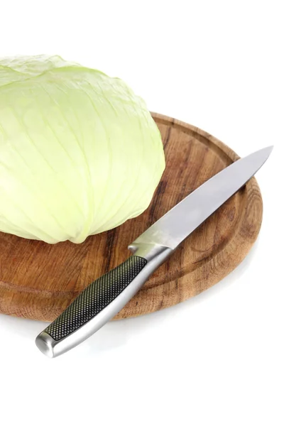 Whole green cabbage on cutting board with knife isolated on white — Stock Photo, Image