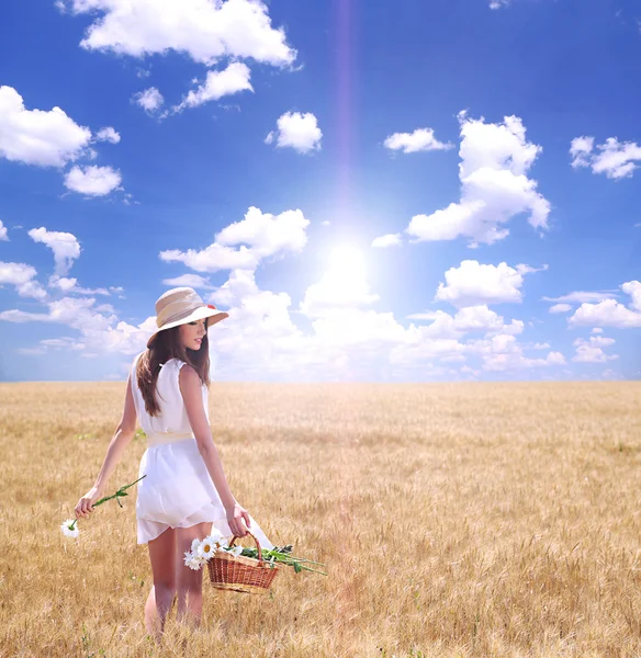 Portrait of beautiful young woman with flowers in the field — Stock Photo, Image