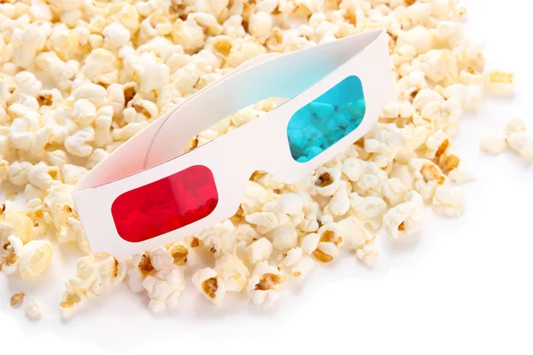 Popcorn and 3D glasses, isolated on white — Stock Photo, Image