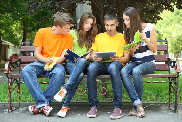 Feliz grupo de jóvenes estudiantes sentados en el parque — Foto de Stock