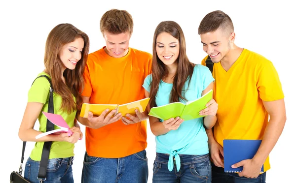 Grupo feliz de belos jovens estudantes, isolados em branco — Fotografia de Stock