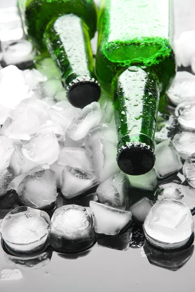 Bottles of beer with ice cubes, close up — Stock Photo, Image