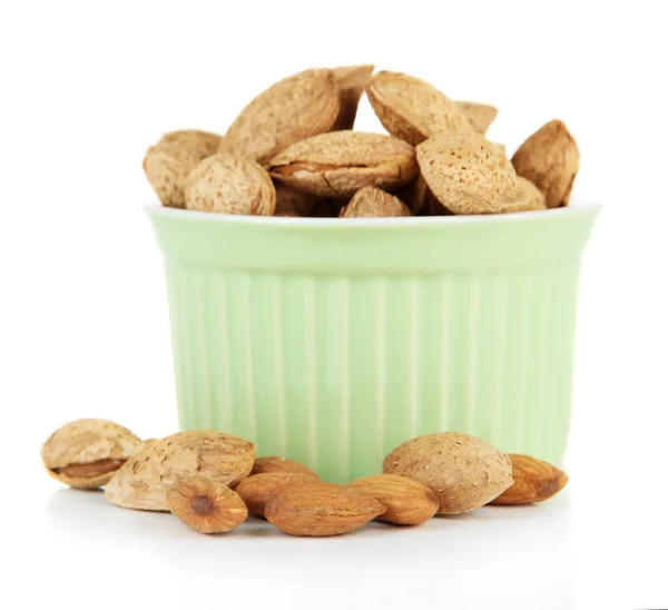 Almond in bowl, isolated on white — Stock Photo, Image