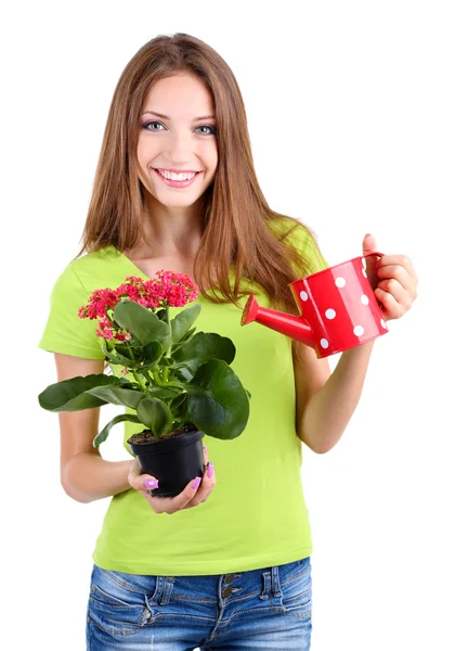 Hermosa chica con flor en maceta aislada en blanco — Foto de Stock