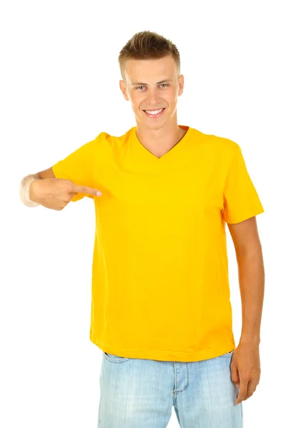 T-shirt op jonge man geïsoleerd op wit — Stockfoto