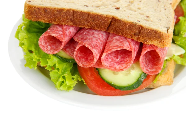 Lekkere sandwich met salami worst en groenten op wit bord, geïsoleerd op wit — Stockfoto