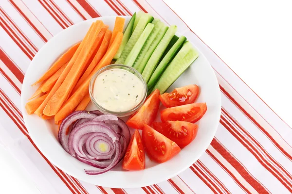 Assorted raw vegetables sticks in plate on napkin close up — Stock Photo, Image