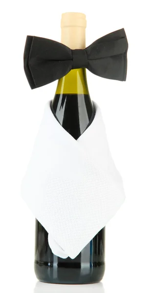 Corbata de lazo negro en botella de vino aislado en blanco —  Fotos de Stock