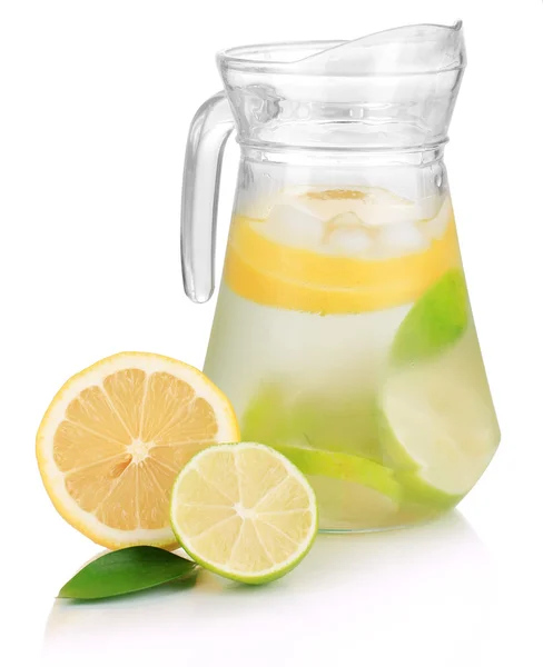 Cold water with lime, lemon and ice in pitcher isolated on white — Stock Photo, Image