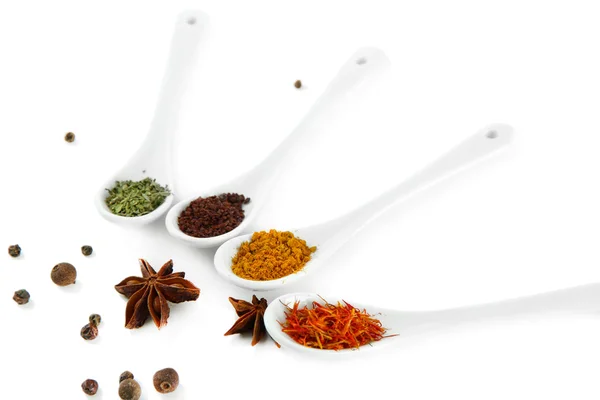 Assortment of spices in white spoons, isolated on white — Stock Photo, Image