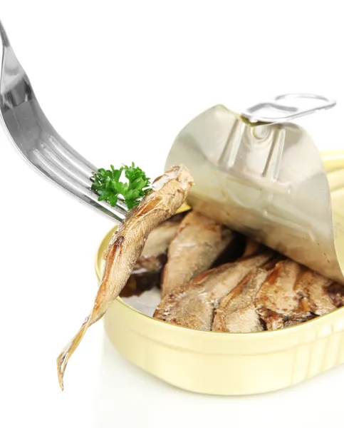 Open blikje met sardines, geïsoleerd op wit — Stockfoto