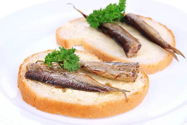 Tasty sandwiches with sardines, close-up — Stock Photo, Image