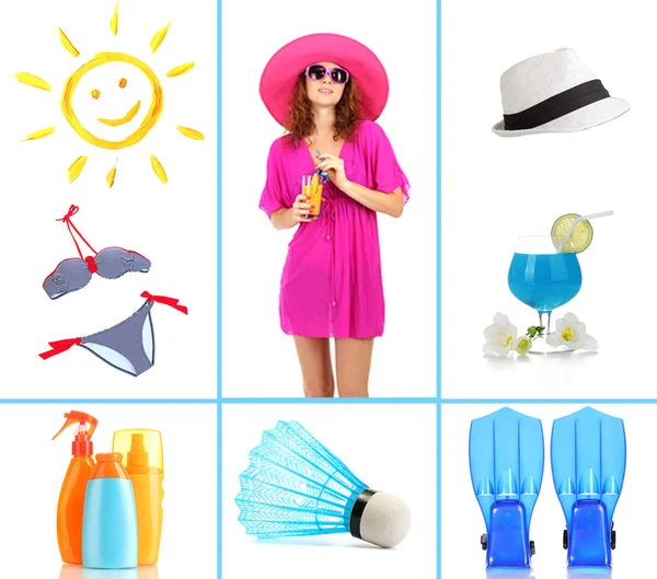 Collage di bella ragazza e cose per le vacanze estive — Foto Stock