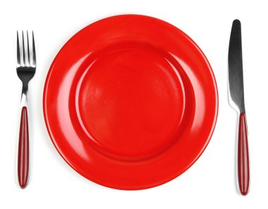 bıçak, renkli plaka ve üzerinde beyaz izole çatal