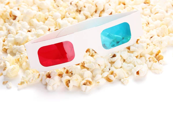 Popcorn a 3d brýle, izolované na bílém — Stock fotografie